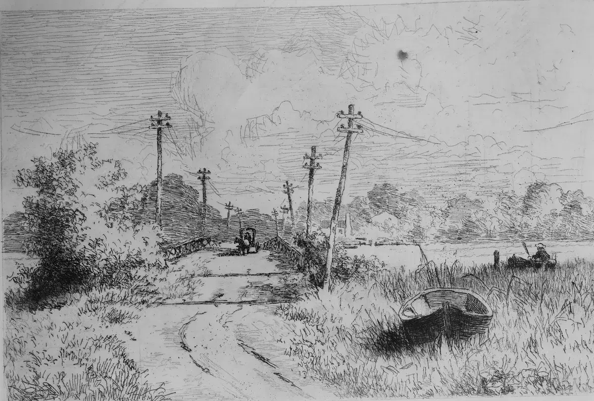 Etching of a carriage crossing the old wooden Benning's Bridge, with a rowboat in the marsh grass beside the road