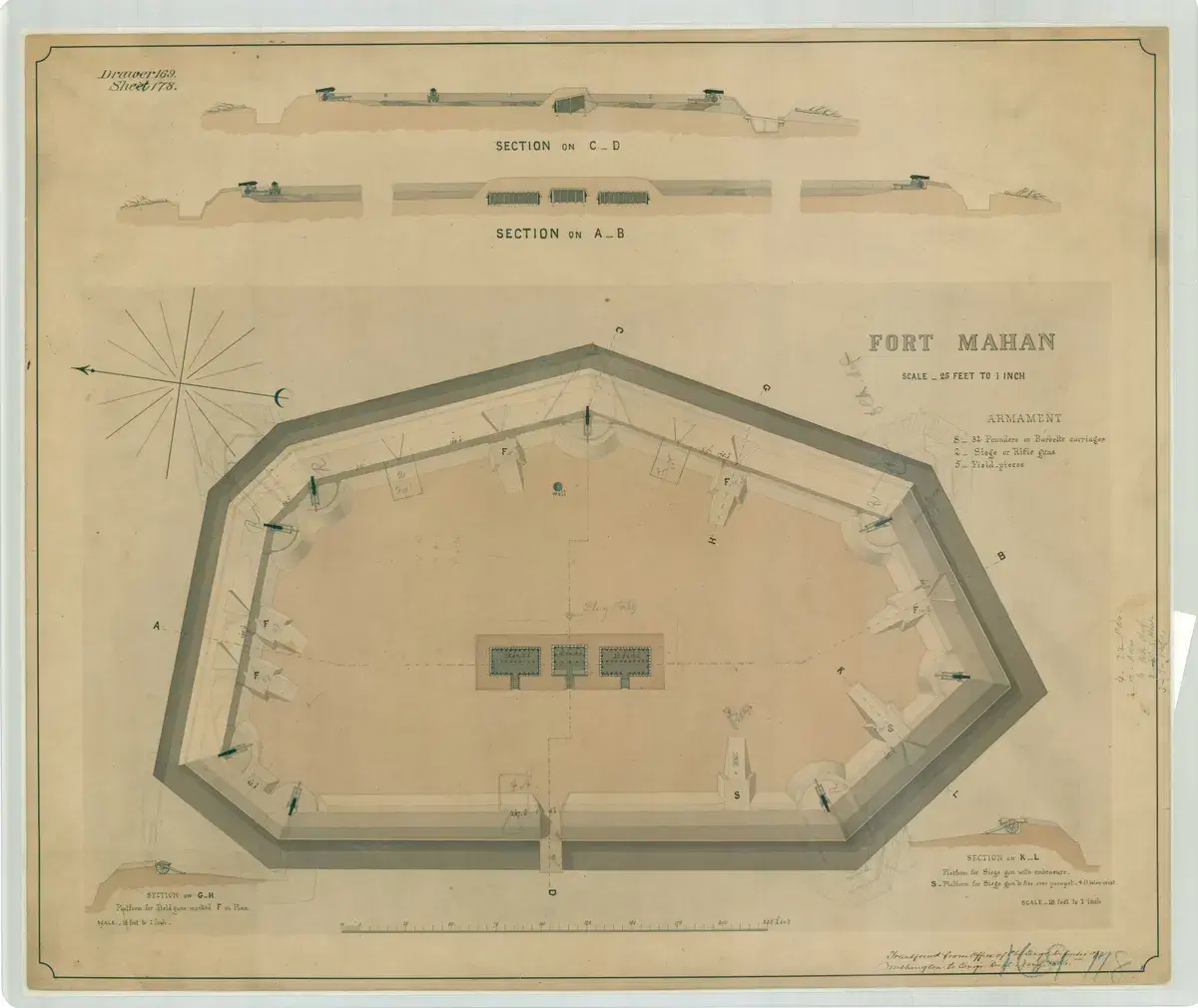 Army engineers' plan of Fort Mahan, showing its seven-sided earthen walls, gun positions and cross-sections