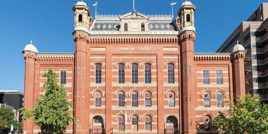 The Second Empire facade of the 1869 Franklin School on Franklin Square, Washington, D.C.