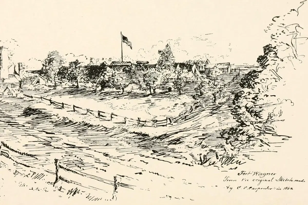 Pen sketch of Fort Wagner on a rise, with a flag on a tall pole, tents, orchard trees and rail fences