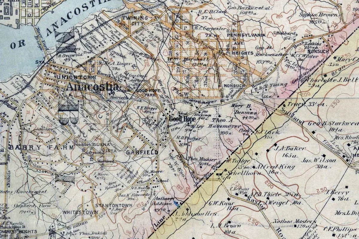 Detail of an 1894 color map showing Good Hope and its school on Naylor Road, east of Anacostia