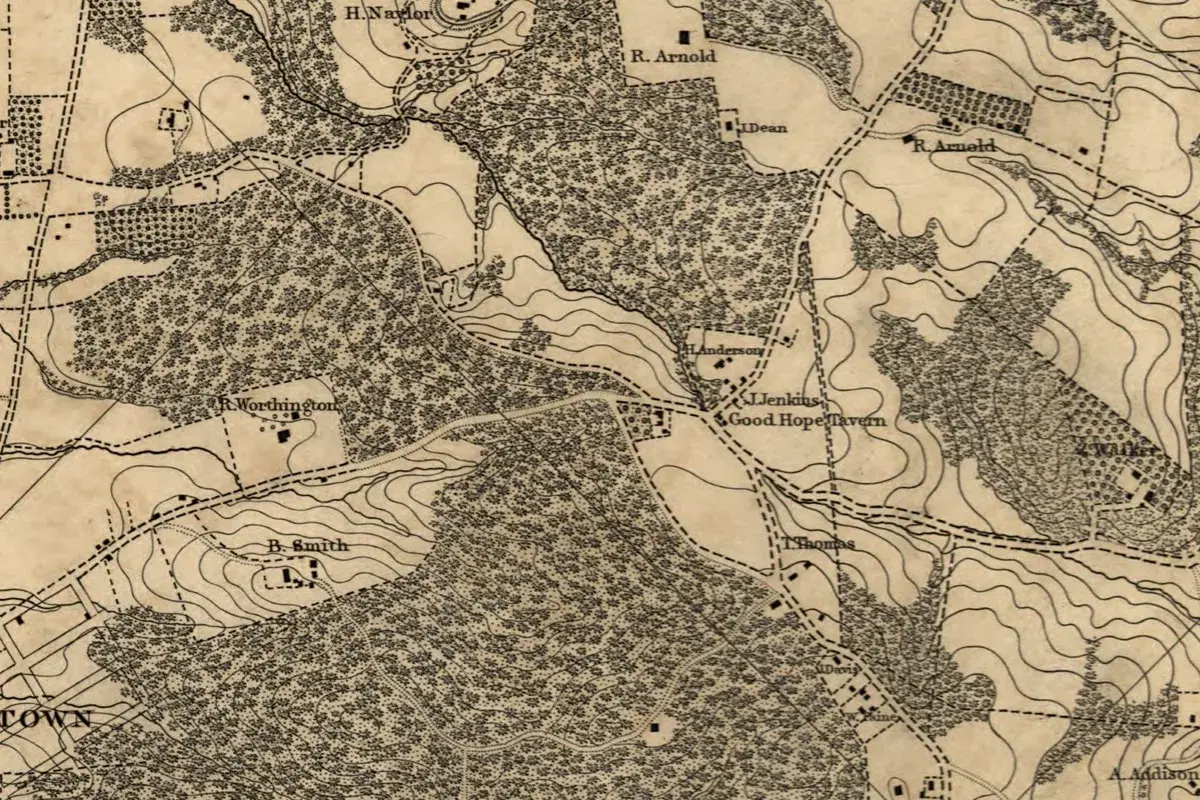 Detail of an 1861 engraved map showing Good Hope Tavern at a road junction among woods and farms