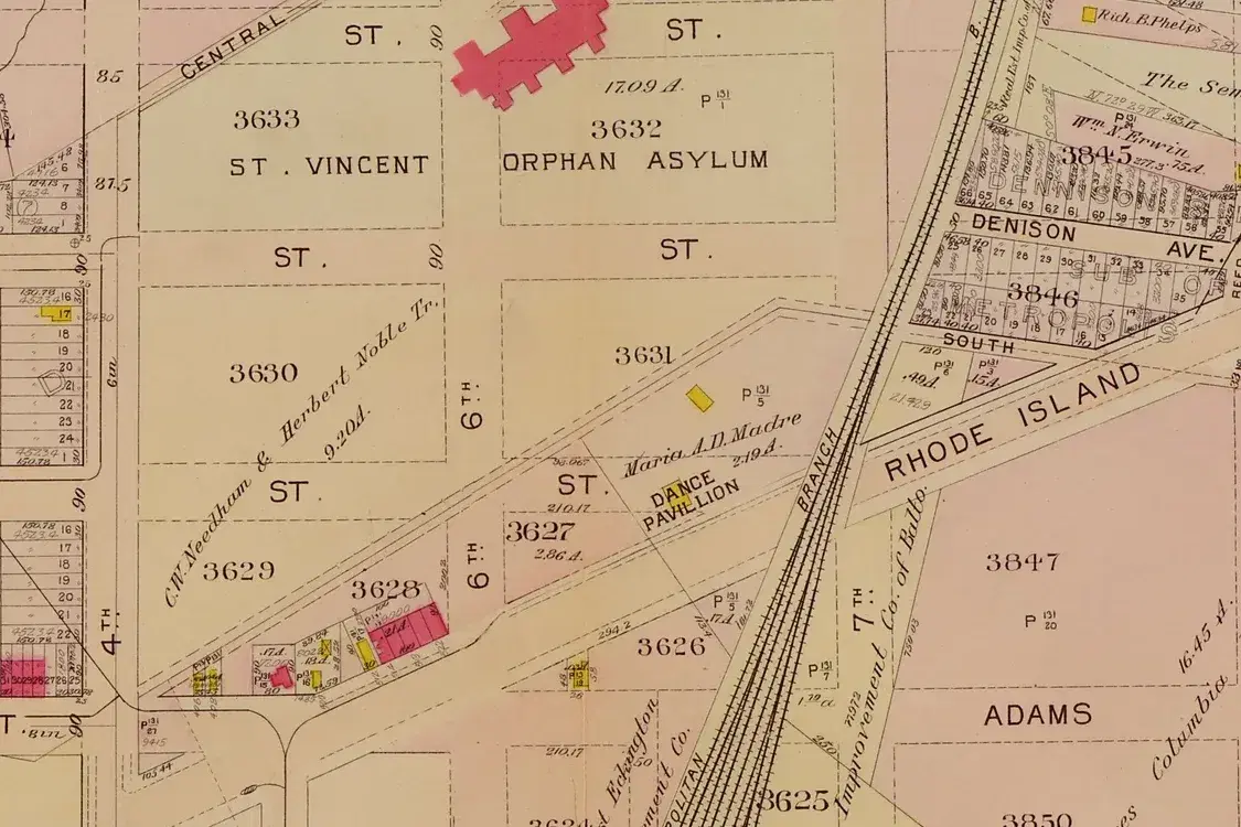 A 1907 atlas plate showing Rhode Island Avenue, 4th, 6th and 7th streets NE, the Metropolitan Branch railroad tracks and the St. Vincent Orphan Asylum