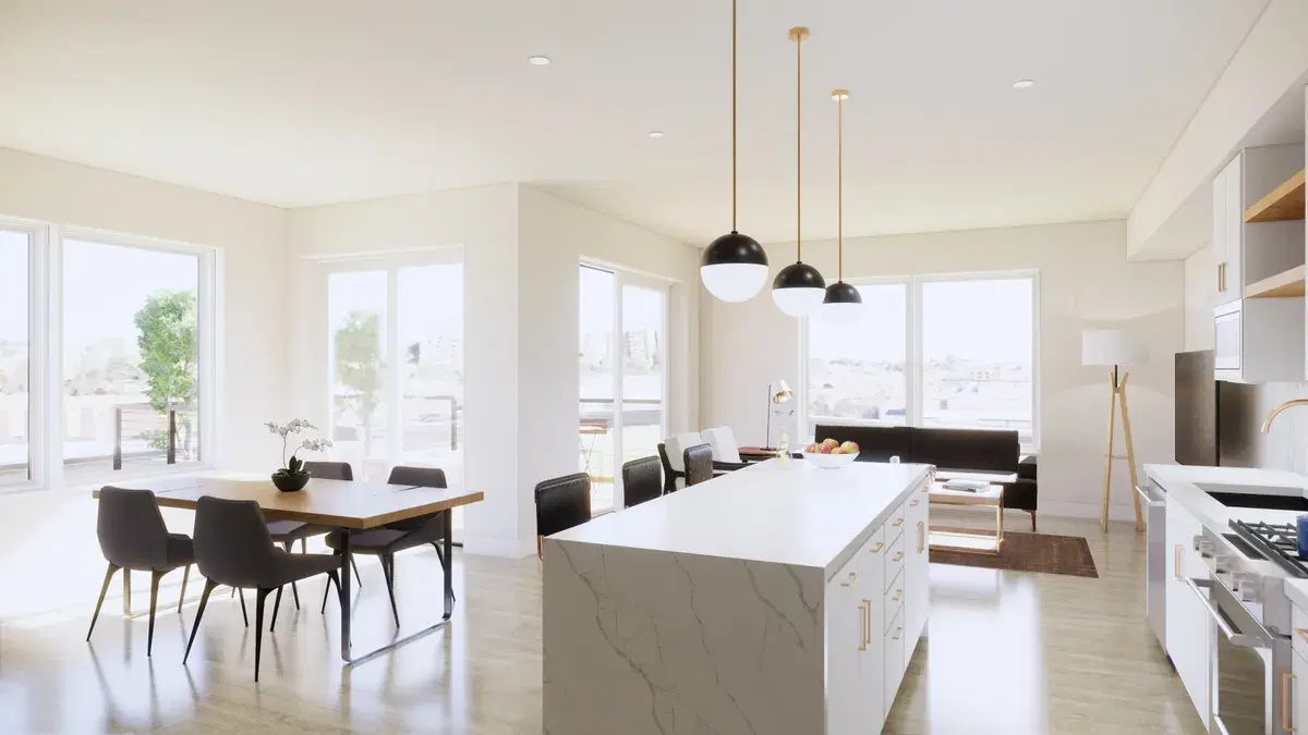 Rendering of a top-floor condo's kitchen island, dining table and living room with windows on two sides