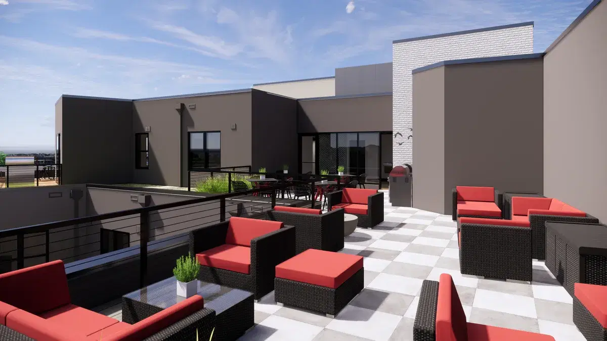 Rendering of the building's rooftop terrace with outdoor sofas, dining tables and a grill