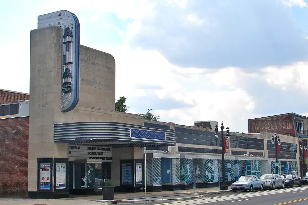 The Atlas theater's tall Art Deco sign and marquee on H Street NE