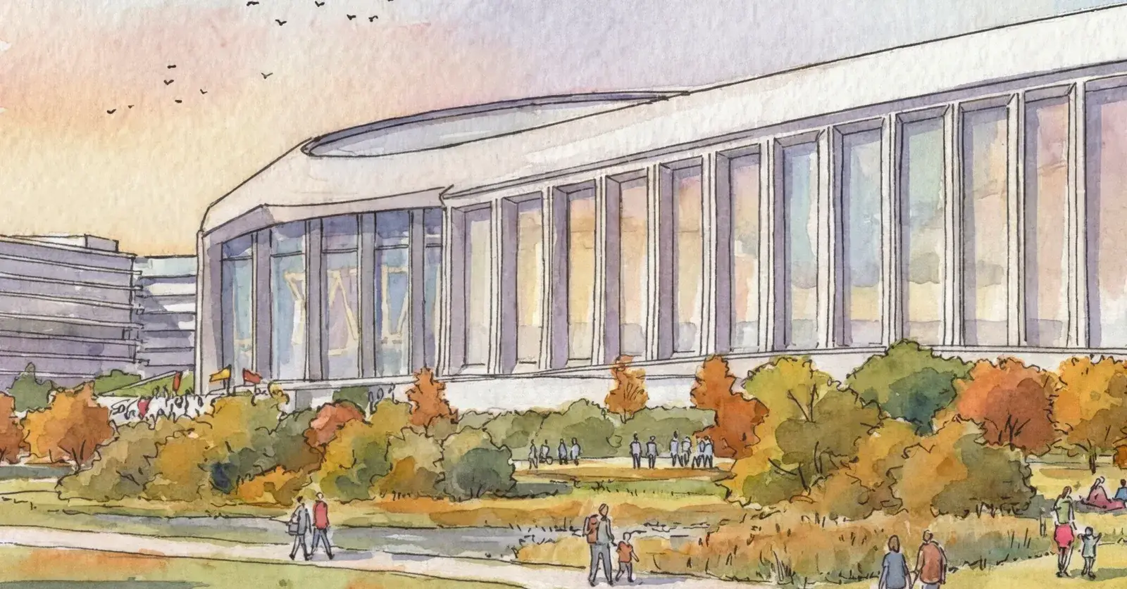 Watercolor rendering of the new stadium's glass-and-column facade above a landscaped lawn